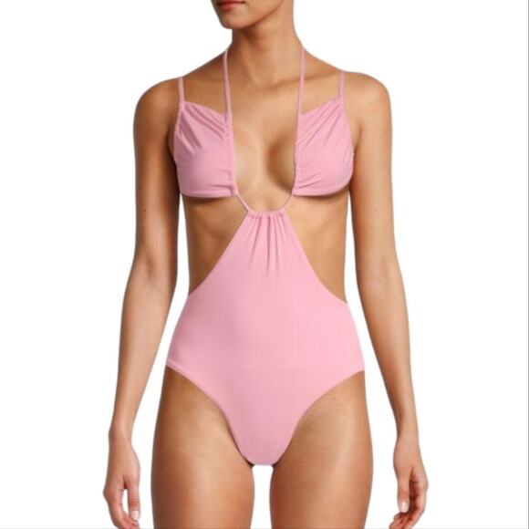 WeWoreWhat Other - WeWoreWhat Cut Out One Piece Swimsuit Baby Pink Halter Runched Cup Tie